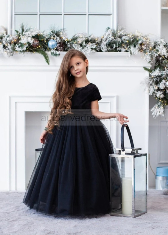 Black Velvet Tulle Heart-shaped Back Flower Girl Dress